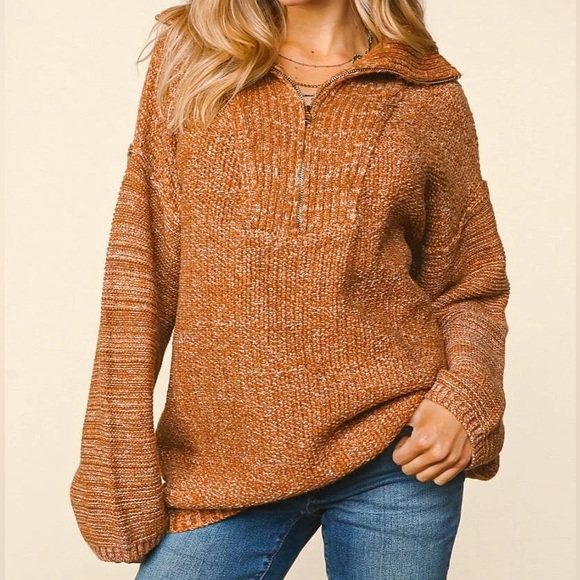 Plus Size Chestnut Brown Two-Tone Fall Half-Zip Pullover Knit Sweater, 1X-2X-3X - Picture 3 of 10